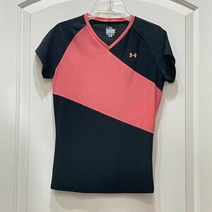 Women's Under Armour Top Shirt Medium Black Coral Pink Asymmetric Color Block